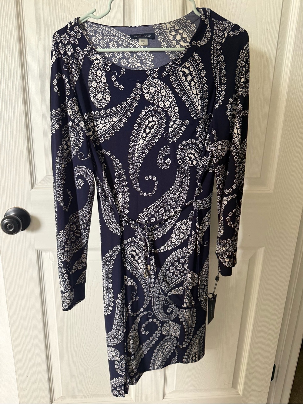 Tommy Hilfiger Navy and White Paisley Long-Sleeve Wrap Dress